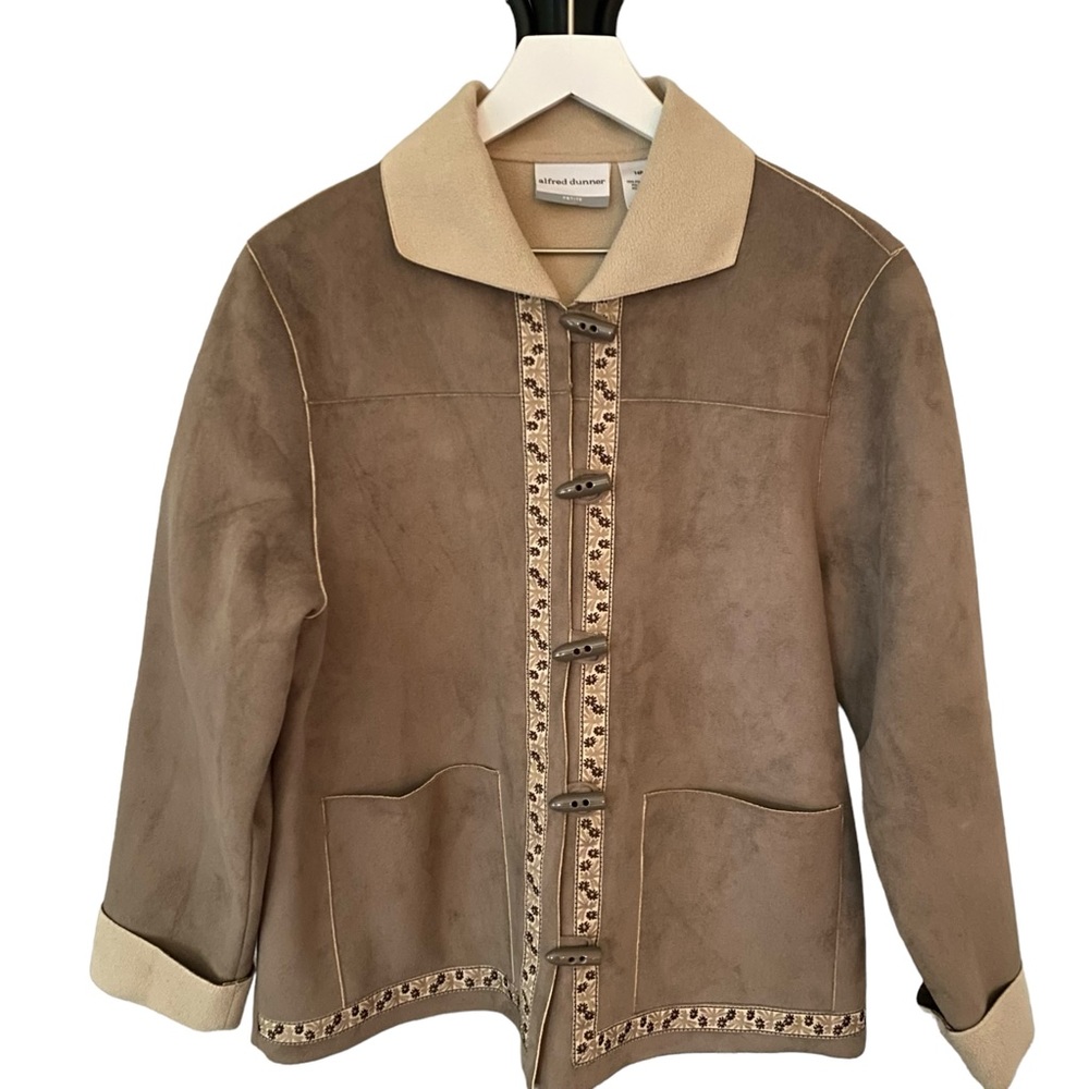 Vintage 80s Alfred Dunner Faux Suede  Fleece Lined Toggle Button Jacket Size 14P